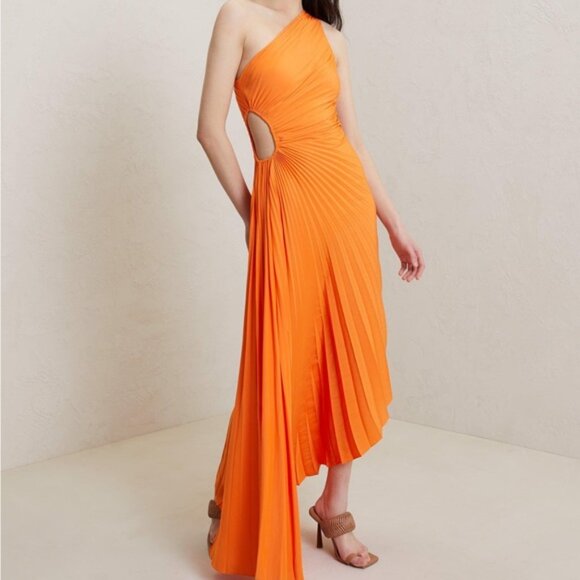 A.L.C. Delfina One-Shoulder Plissé Maxi Dress Citrus Size 4 NWT - Picture 3 of 4